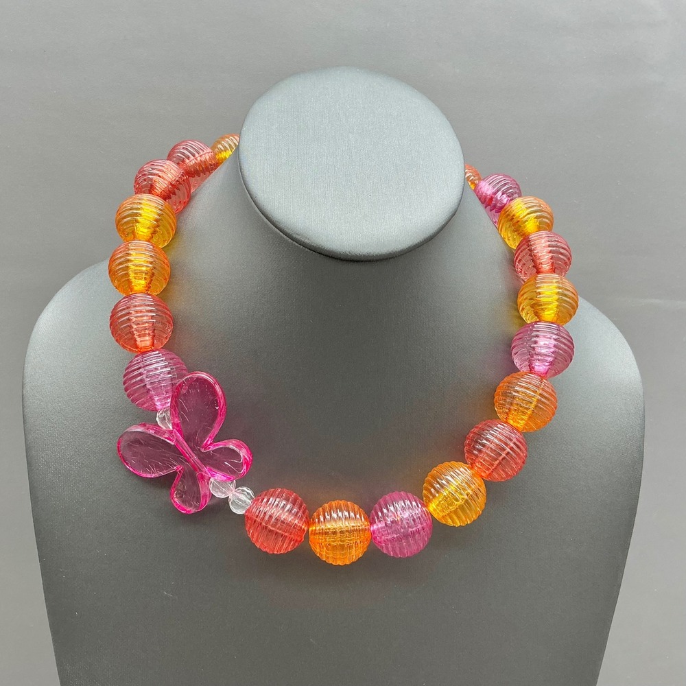 Butterfly Bead Necklace Women Pink Orange Ribbed Acrylic Fashion Jewelry 16 Inch